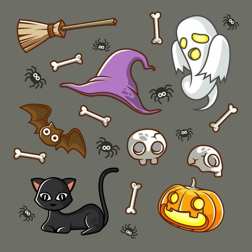 Halloween spaventoso modello, fantasma, gatto, strega cappello, pipistrello cartone animato illustrazione vettore