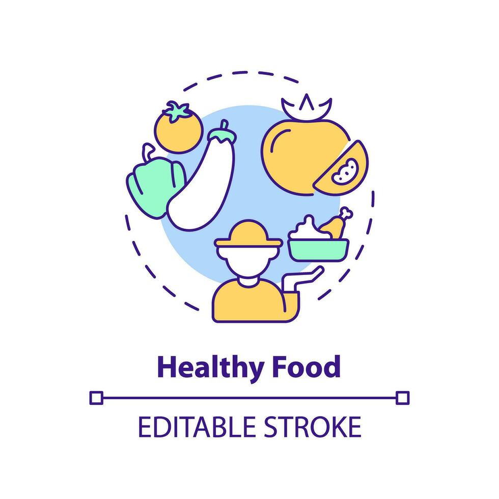 salutare cibo Multi colore concetto icona. mangiare abitudine. localmente cresciuto. biologico agricoltura. sostenibile agricoltura. contadino mercato. il giro forma linea illustrazione. astratto idea. grafico design. facile per uso vettore