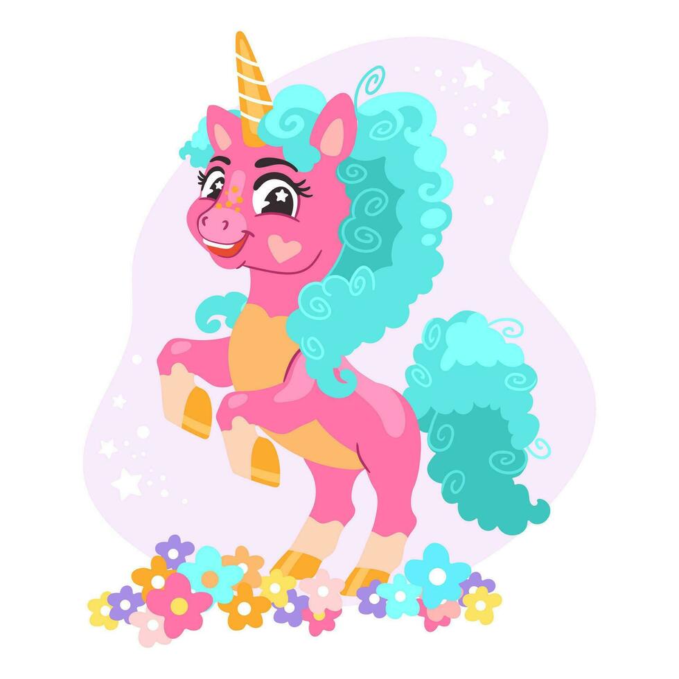 carino cartone animato personaggio luminosa rosa unicorno vettore illustrazione