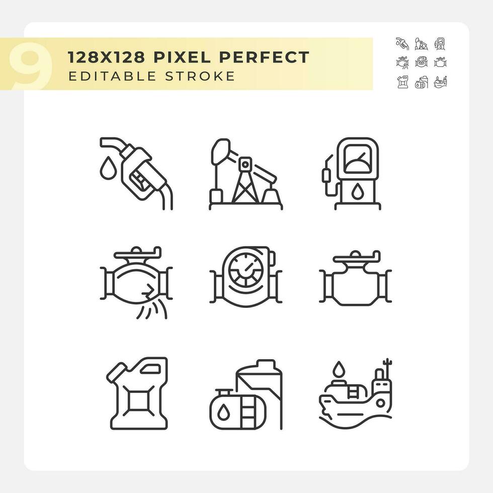 petrolio industria lineare icone impostare. olio e gas produzione. tubatura trasporto. fossile carburante. personalizzabile magro linea simboli. isolato vettore schema illustrazioni. modificabile ictus