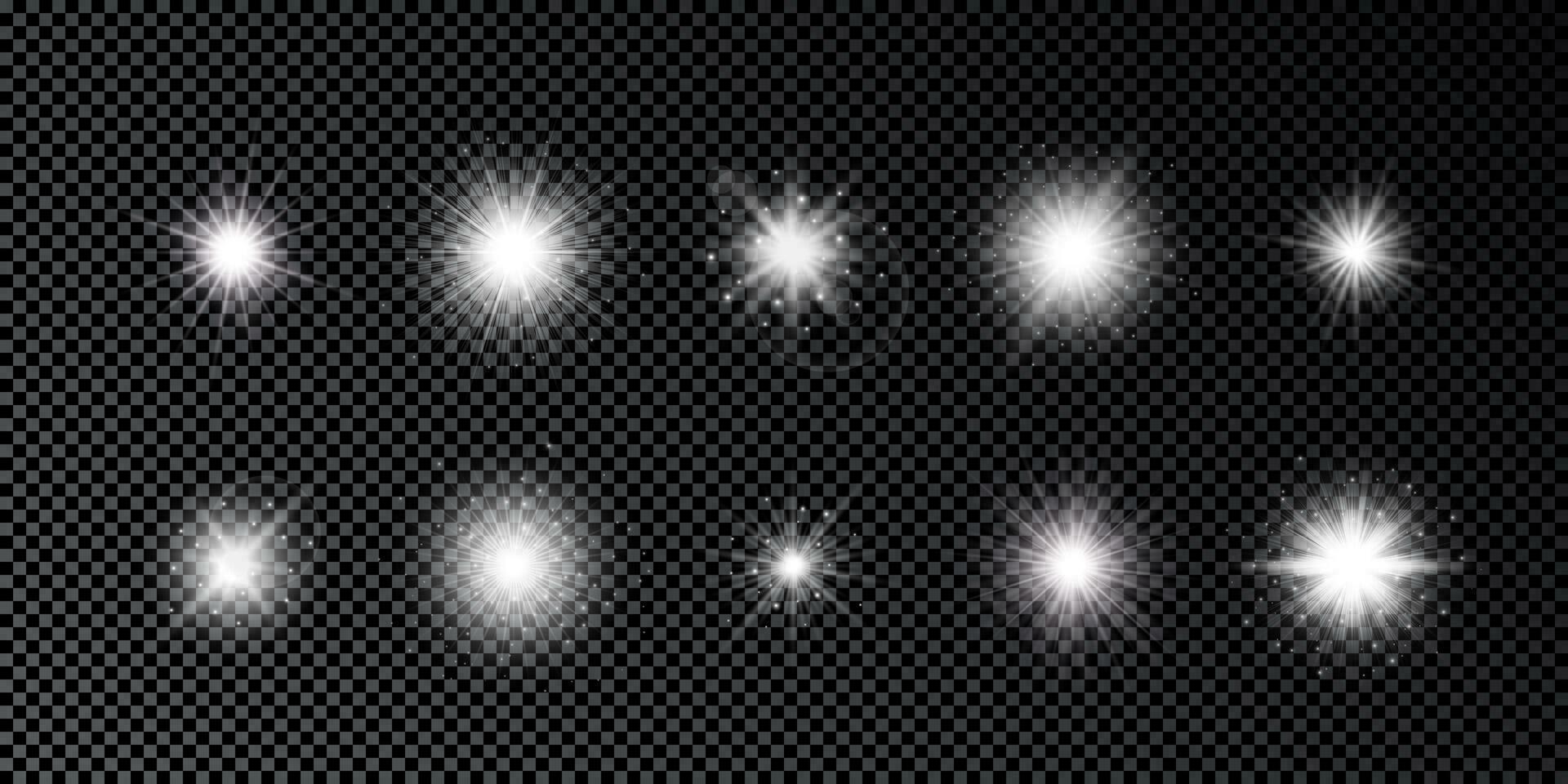 leggero effetto di lente razzi. impostato di dieci bianca raggiante luci starburst effetti con scintille su un' buio sfondo. vettore illustrazione