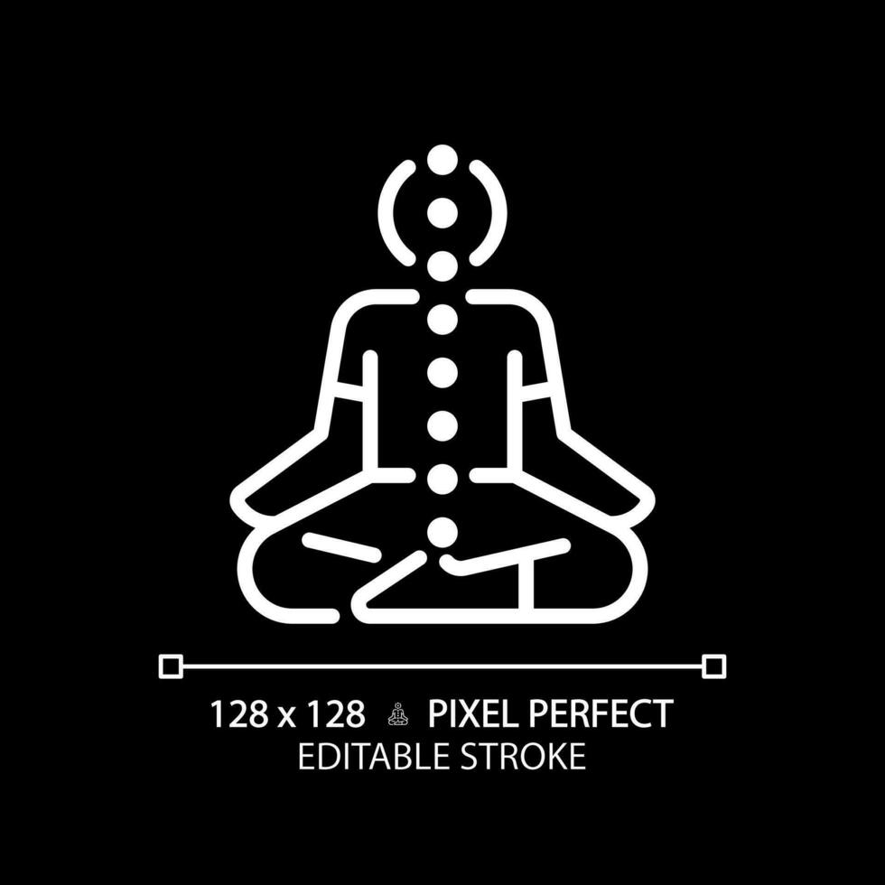 2d pixel Perfetto modificabile bianca Meditare icona, isolato vettore, meditazione magro linea illustrazione. vettore