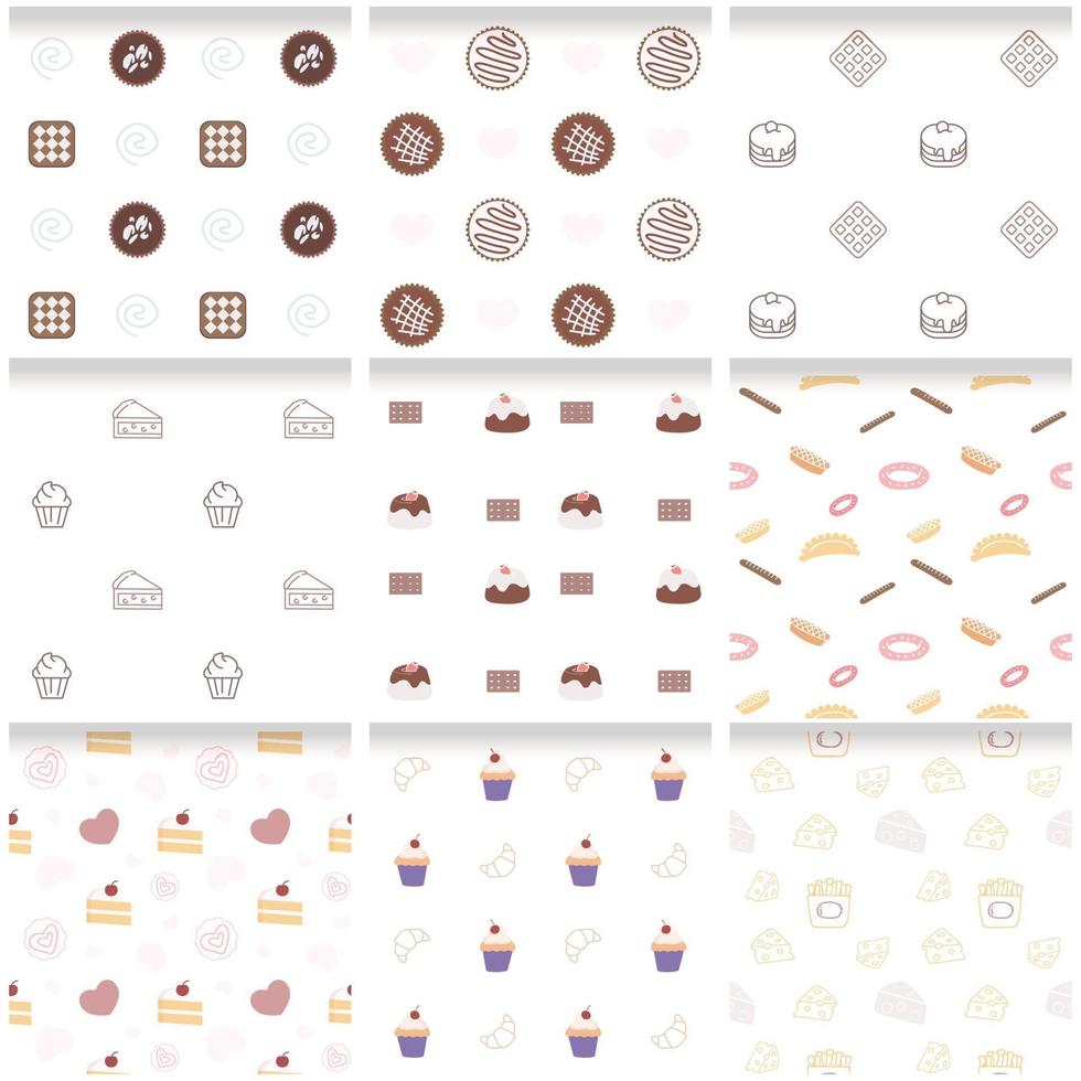 collezione di pattern colorati fantasia dolce dessert senza soluzione di continuità vettore