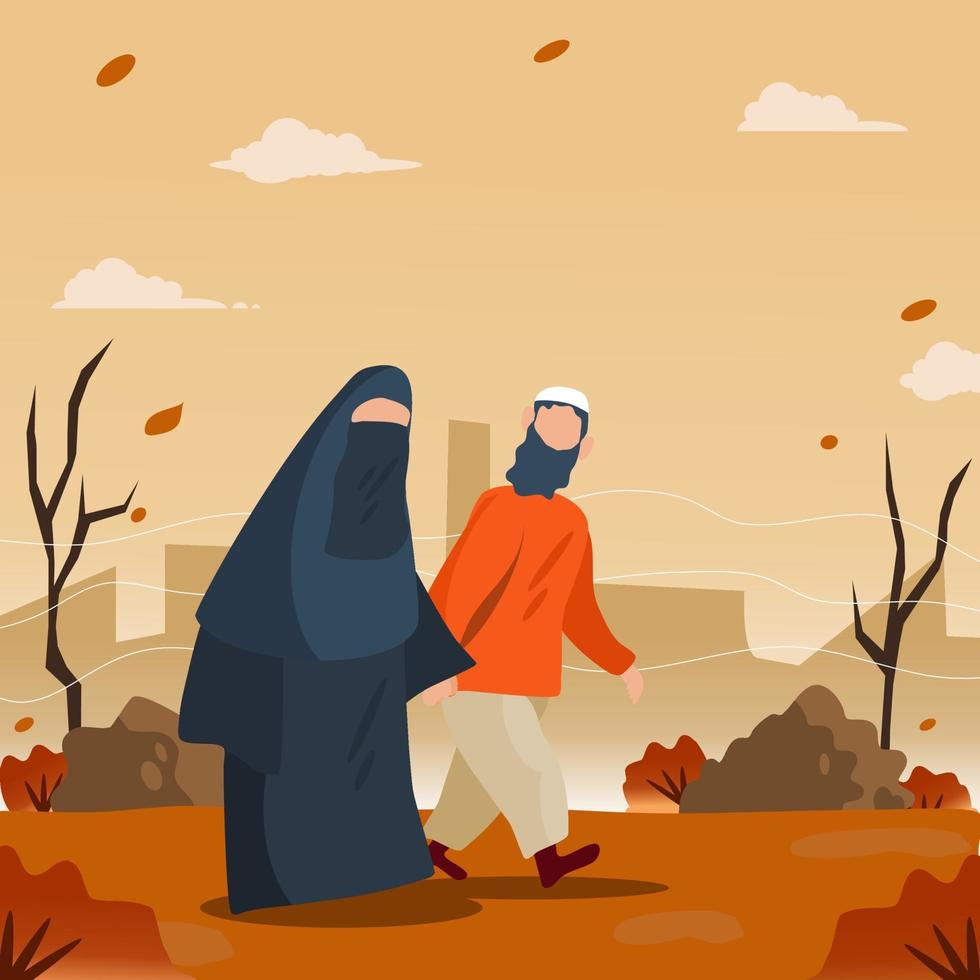 coppia musulmana che cammina sotto le foglie autunnali che cadono vettore