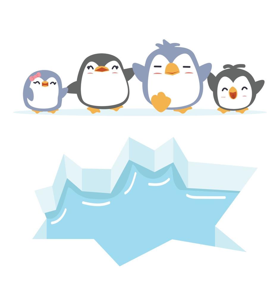 personaggi di pinguini felici su un lastrone di ghiaccio vettore