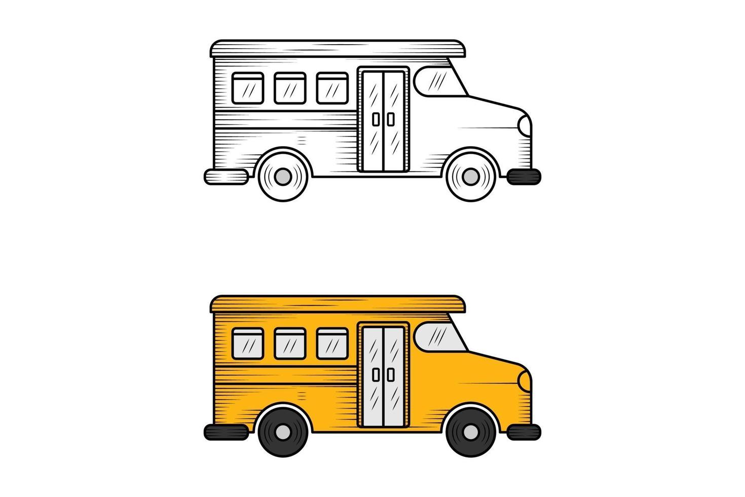 schizzo e colore dell'illustrazione disegnata a mano dello scuolabus vettore
