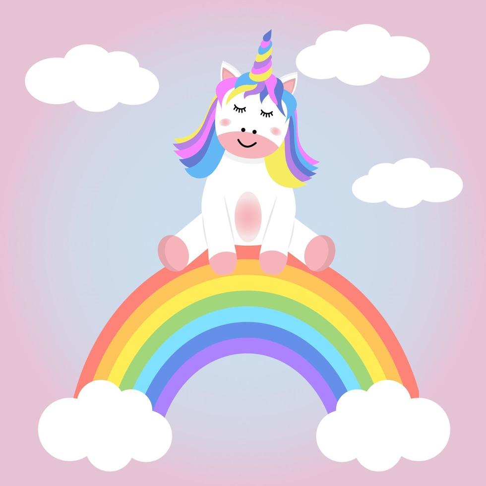 unicorno magico bianco seduto sull'arcobaleno. vettore