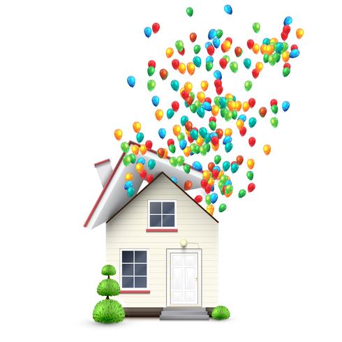 Casa realistica con palloncini colorati, vettoriale