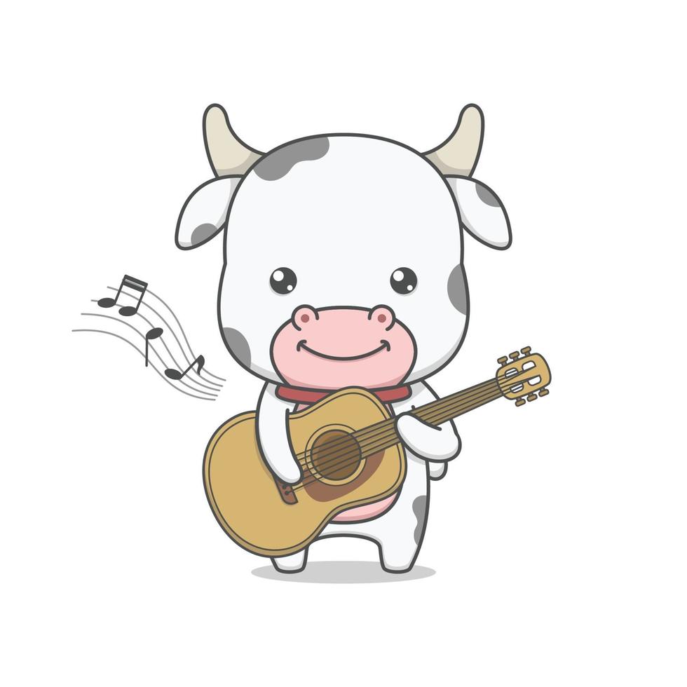 simpatico cartone animato mucca che suona la chitarra vettore