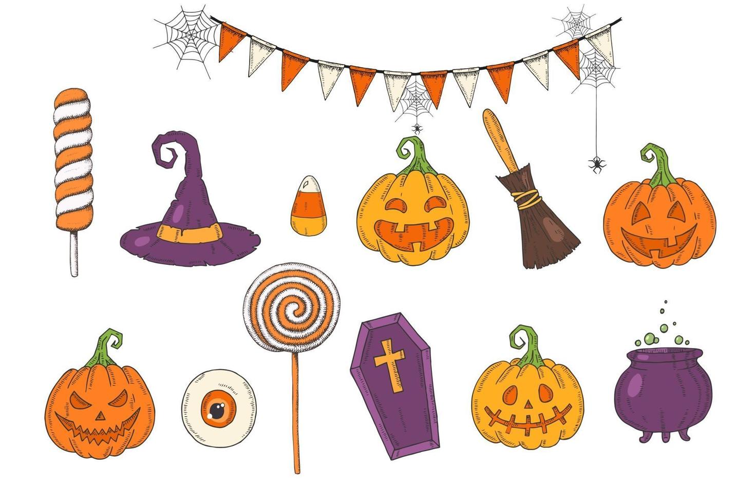 set di halloween con icone disegnate a mano.happy halloween.dolcetto o scherzetto vettore