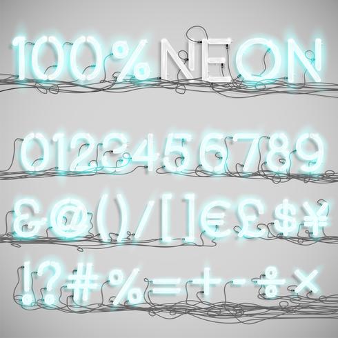 Alfabeto al neon realistico con fili (ON), vettoriale