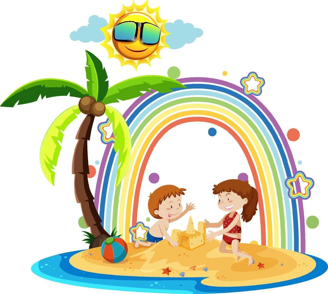 arcobaleno sull'isola con bambini che costruiscono un castello di sabbia vettore