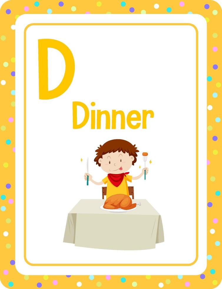 flashcard dell'alfabeto con la lettera d per la cena vettore