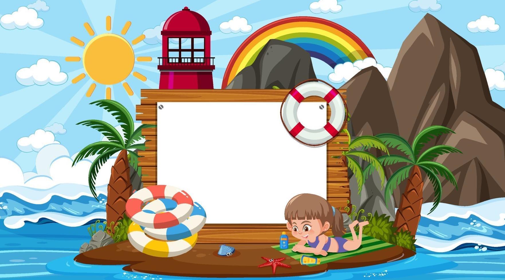 bambini in vacanza sulla scena della spiaggia con un modello di banner vuoto vettore