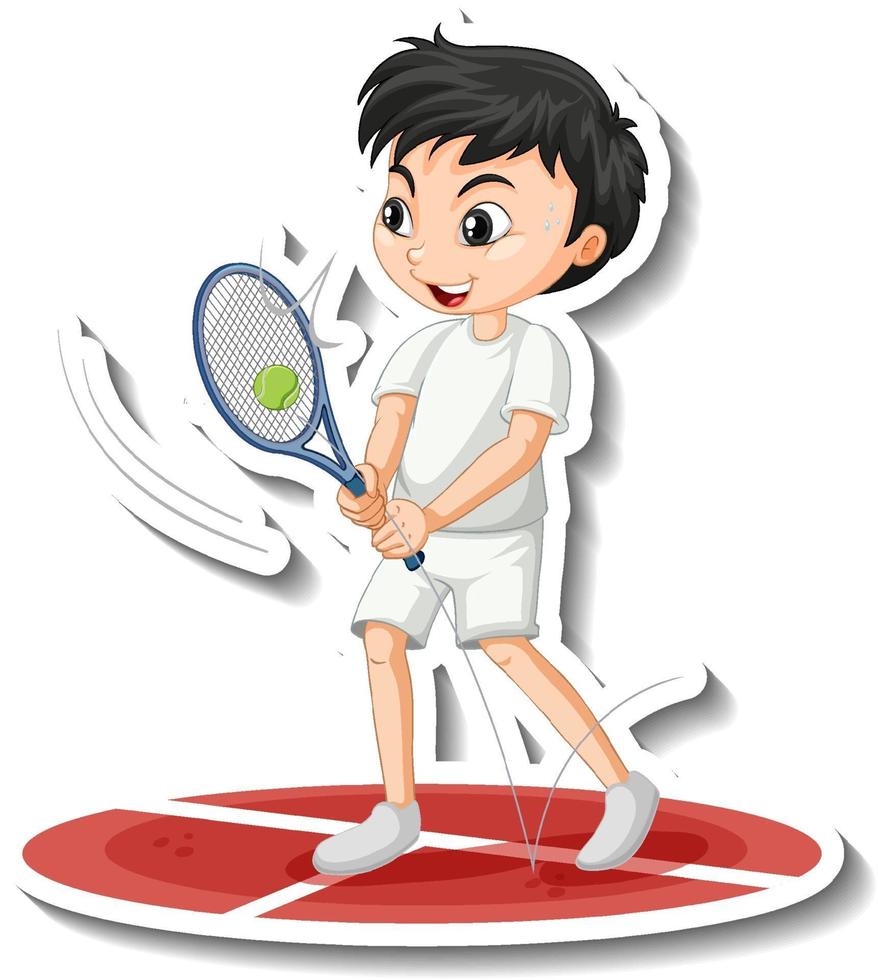 adesivo personaggio dei cartoni animati con un ragazzo che gioca a tennis vettore