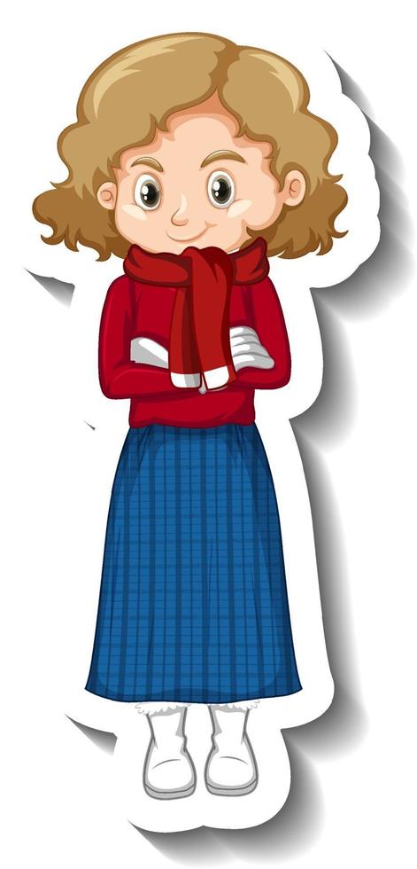 adesivo personaggio dei cartoni animati di una ragazza che indossa abiti invernali vettore
