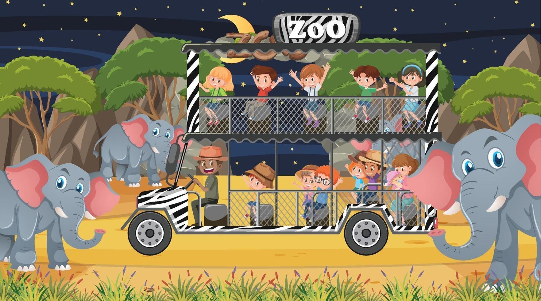 safari in scena notturna con bambini che guardano un gruppo di elefanti vettore