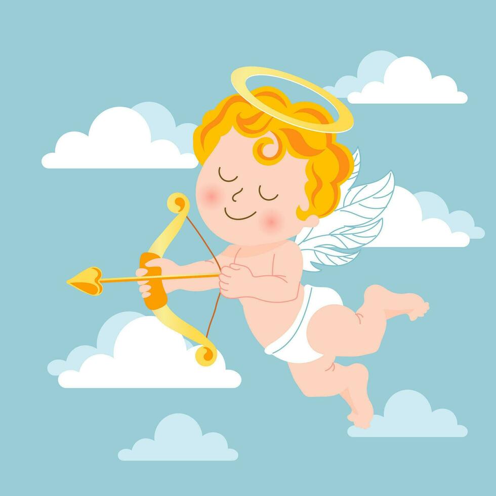 carino Cupido con arco e freccia, bambino angelo con un' alone nel il cielo con nuvole. illustrazione, vettore