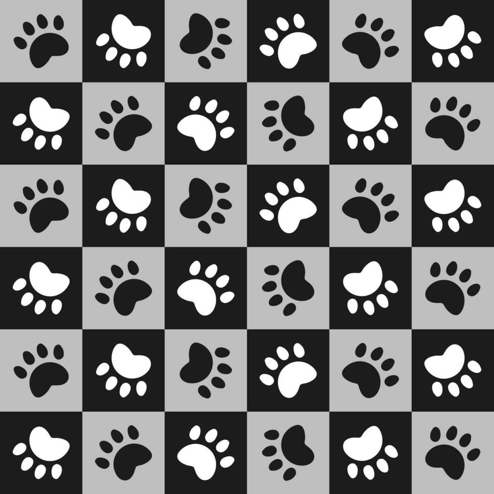 senza soluzione di continuità modello, gatto e cane impronte su un' scacchi sfondo. nero e bianca semplice design. Stampa, sfondo, sfondo, vettore