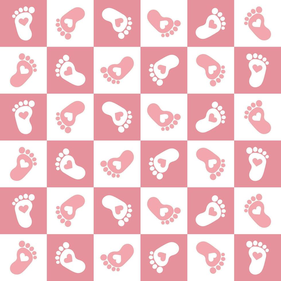 senza soluzione di continuità modello, rosa bambino impronte, passaggi su un' scacchi sfondo. Stampa, tessile, sfondo, vettore