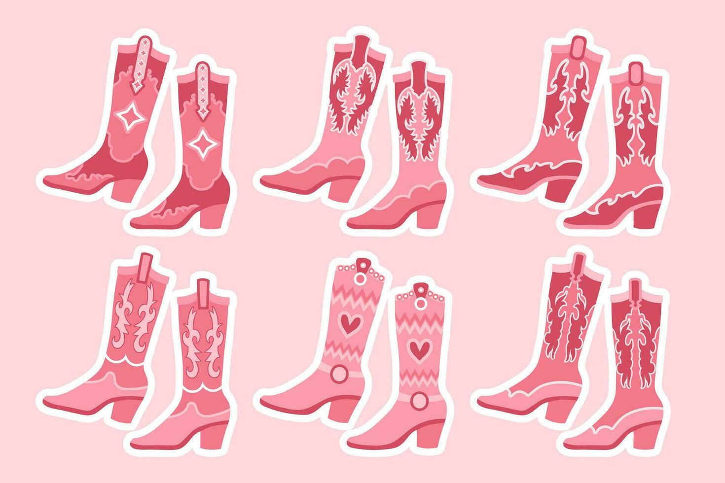 impostato di rosa cowgirl stivali. rosa cowgirl stivali con decorativo particolari. vario cowgirl stivali, adesivi. cowboy occidentale tema, selvaggio ovest, Texas. illustrazione. vettore