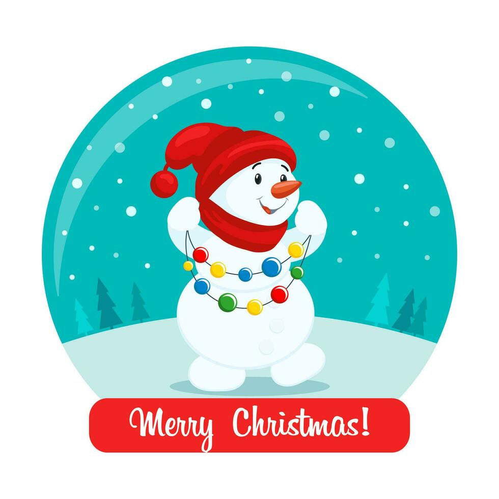 carino pupazzo di neve nel un' Natale bicchiere palla e congratulazioni testo. nuovo anni regalo, regalo, cartolina, vettore