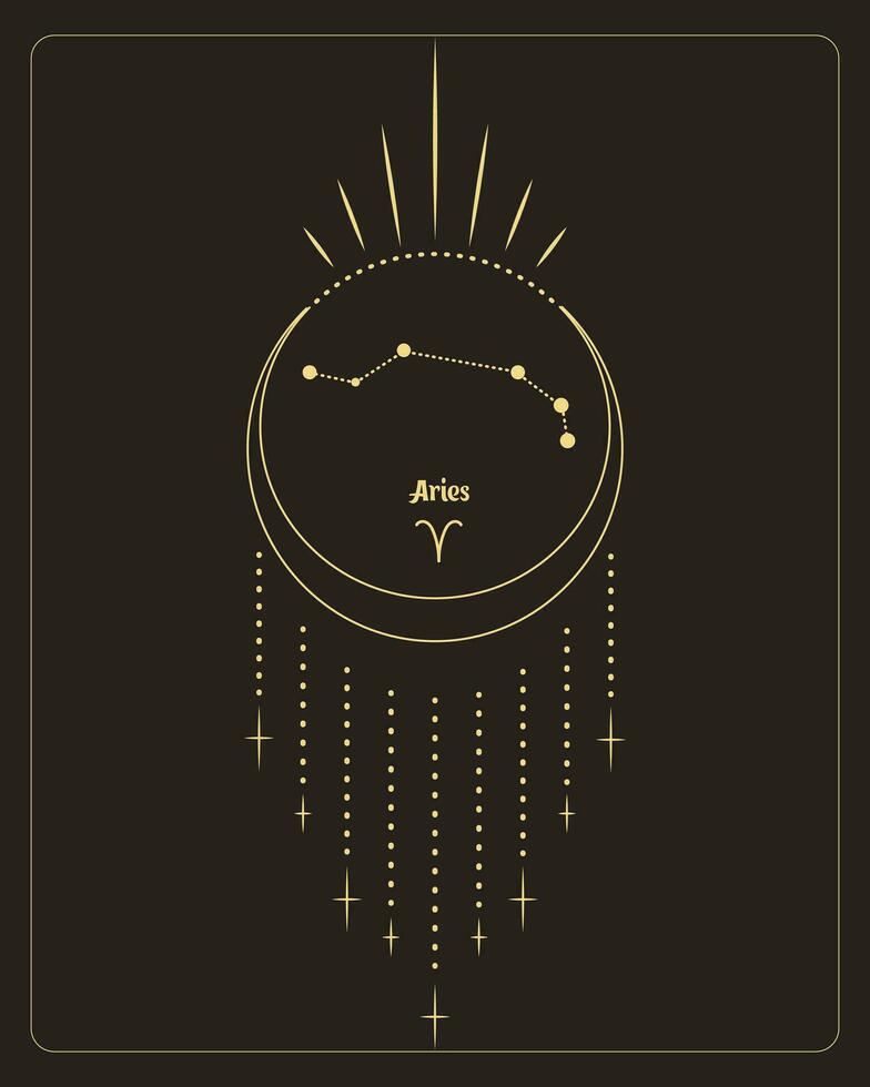 Magia astrologia manifesto con Ariete costellazione, tarocco carta. d'oro design su un' nero sfondo. verticale illustrazione, vettore