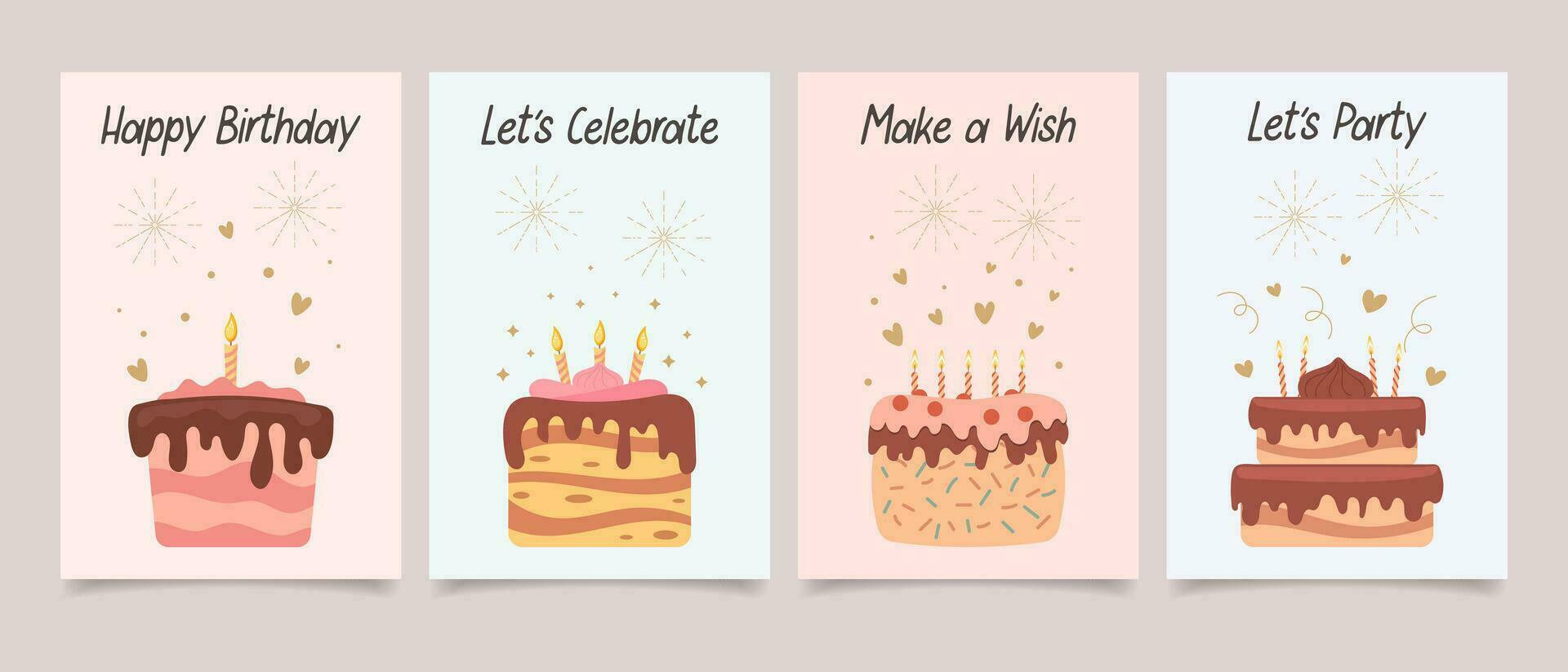 contento compleanno. impostato di saluto carte con torte e candele e calligrafia scritta. carino Congratulazioni modelli nel piatto stile. vettore
