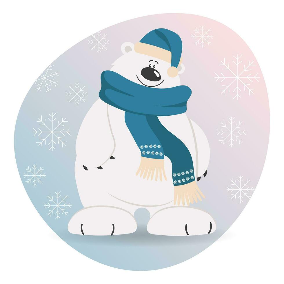 allegro Natale saluto carta, carino cartone animato polare orso nel un' sciarpa e cappello su un' sfondo di fiocchi di neve. Stampa, vettore