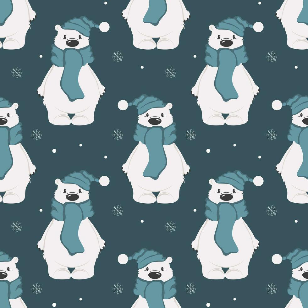 senza soluzione di continuità modello, carino cartone animato polare orso nel un' sciarpa e cappello su un' sfondo di fiocchi di neve. Stampa, tessile, vettore