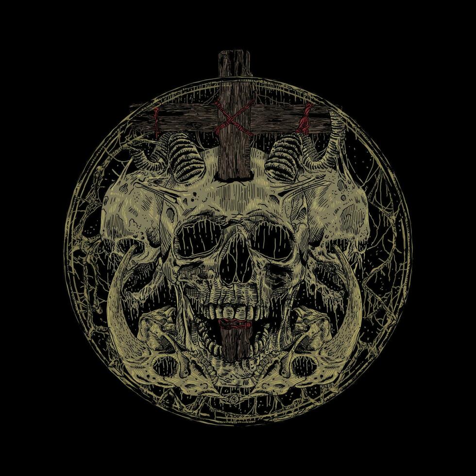 cranio cornuto Morte metallo illustrazione, inchiostro orrore arte. buio arte vettore