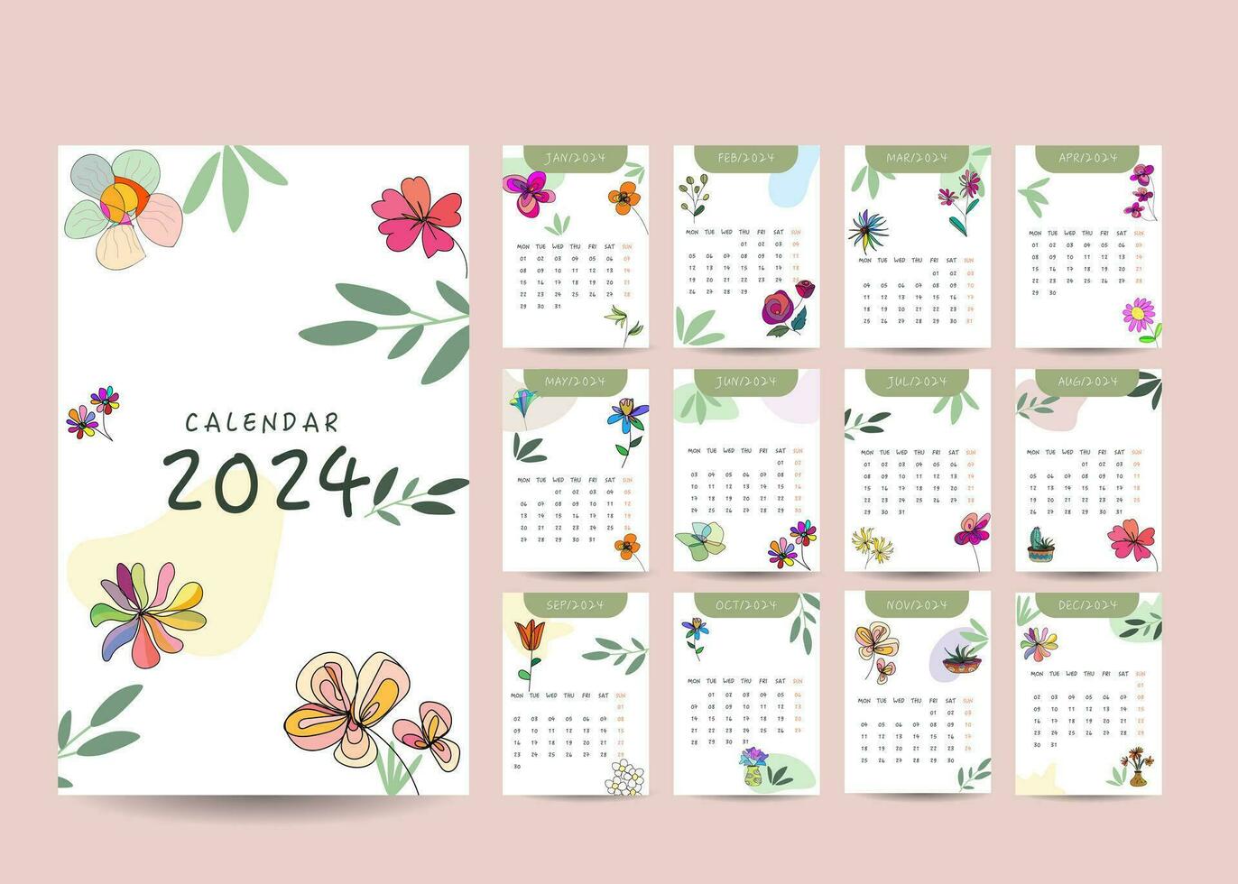 fiore mano disegnato pulito design mensile Piano e calendario modello vettore