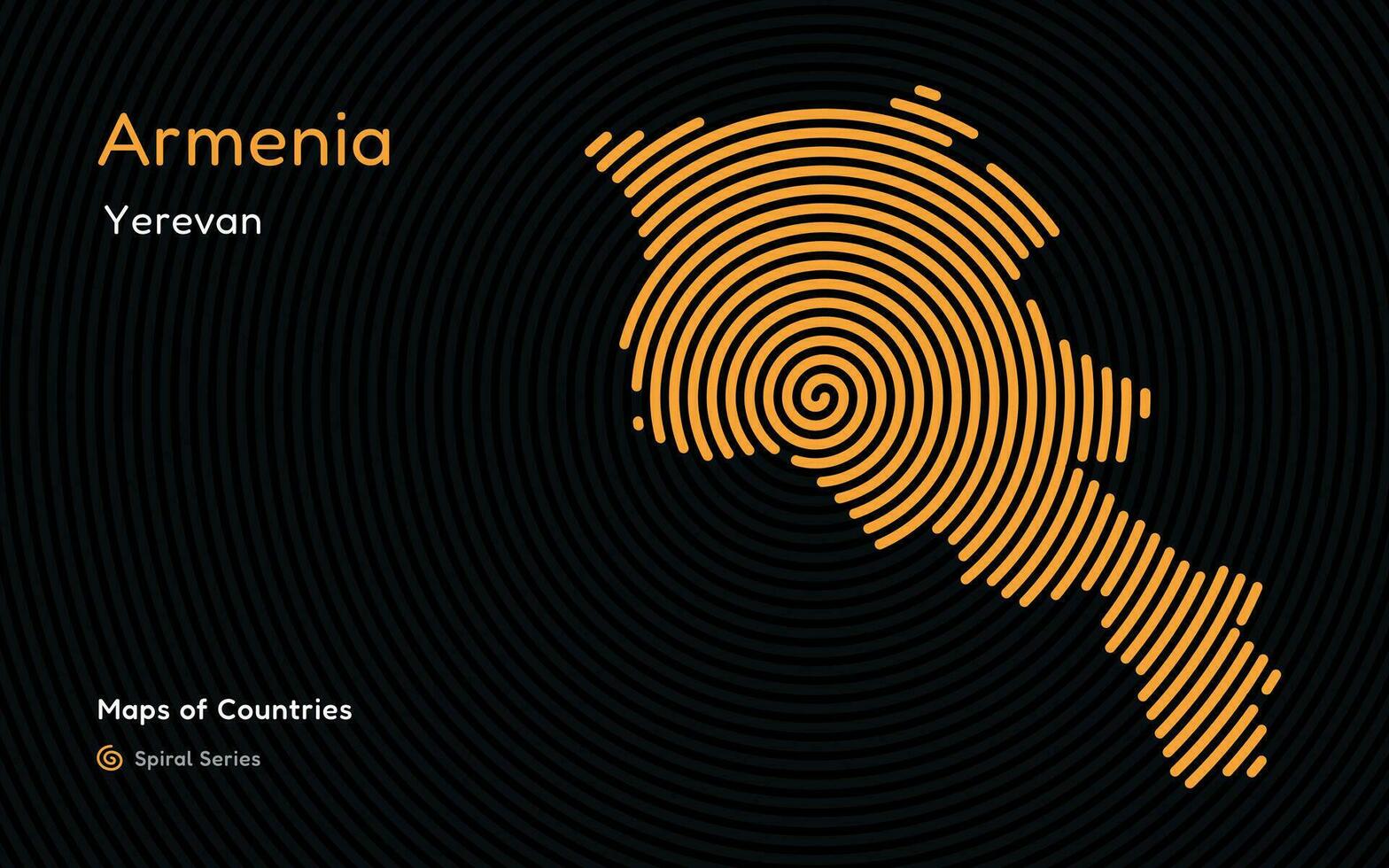 isolato astratto spirale vettore covato carta geografica di Armenia su un' nero sfondo, identificazione suo capitale città, yerevan. spirale impronta digitale serie
