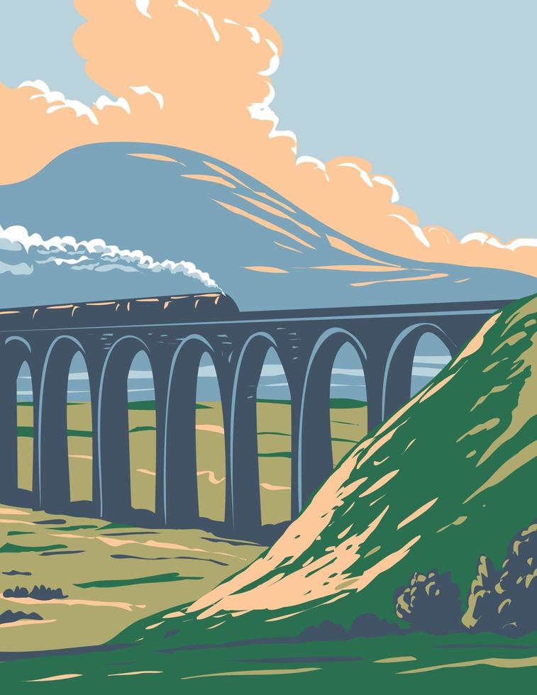 treno sul viadotto ribblehead parco nazionale delle valli dello yorkshire art deco wpa vettore