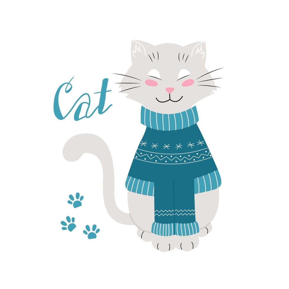 gatto in un caldo maglione invernale, animali divertenti, illustrazione vettoriale. vettore