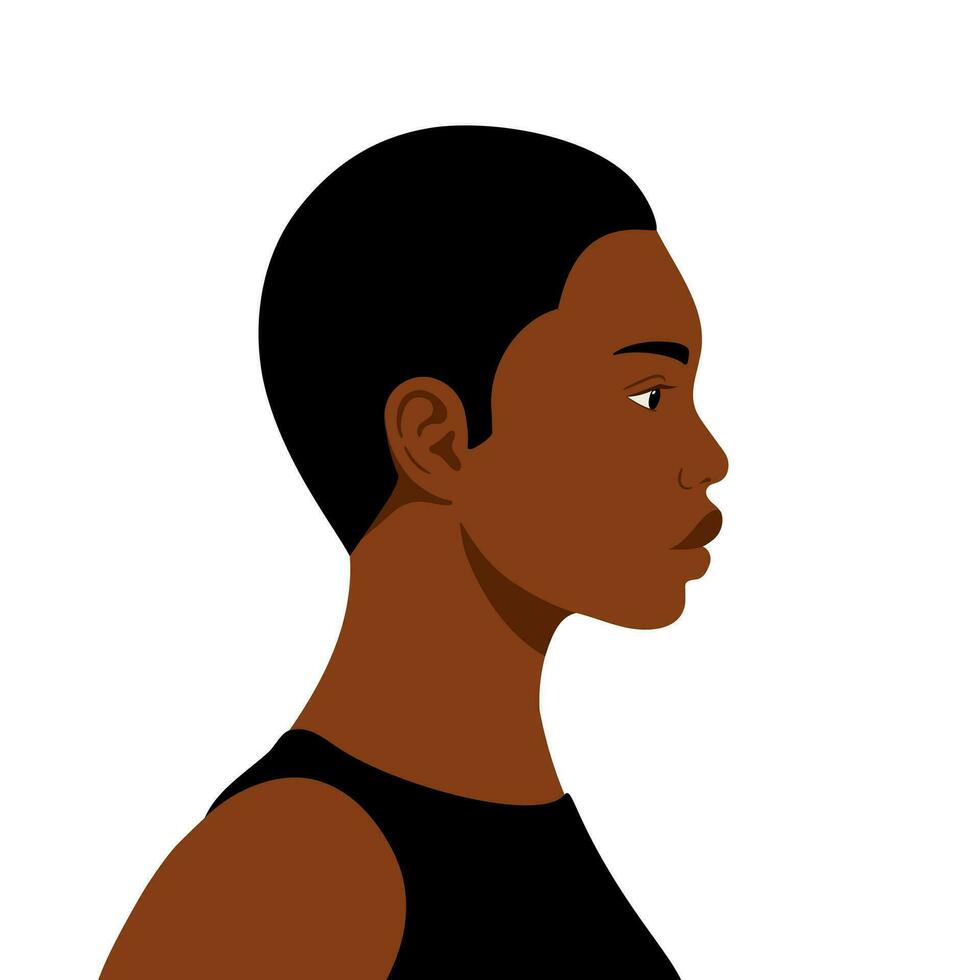 africano femmina piatto illustrazione, profilo ritratto con corto capelli vettore