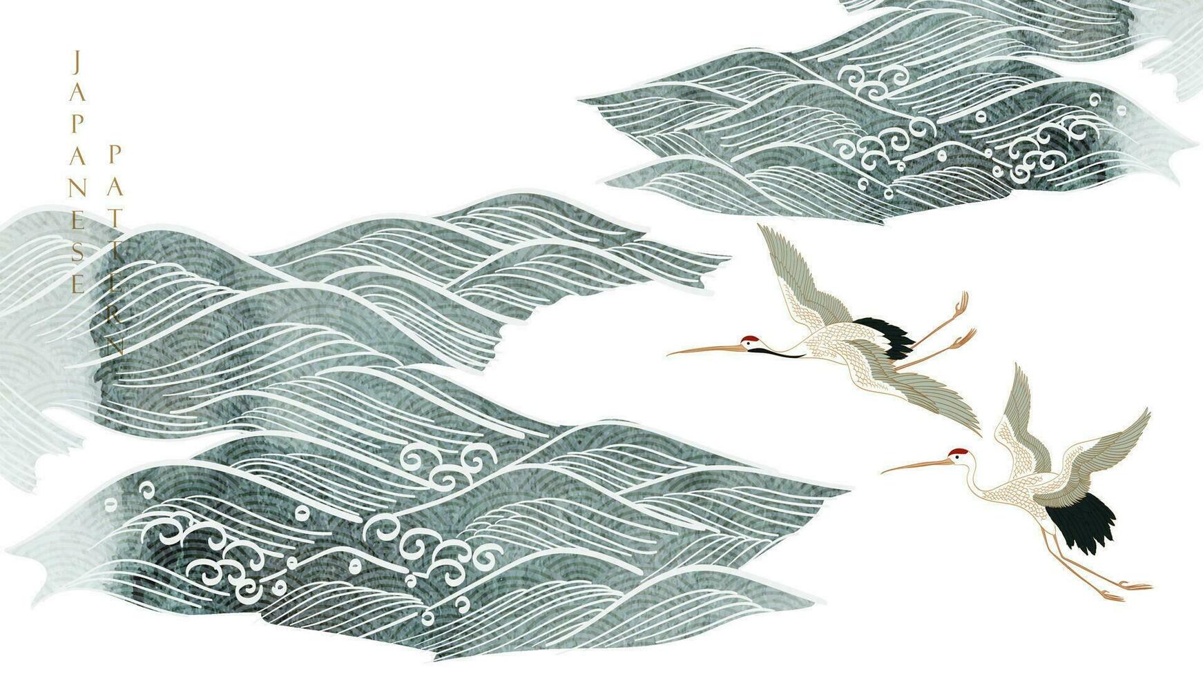 giapponese sfondo con geometrico modello vettore. acquerello struttura con mano disegnato oceano onda bandiera design nel orientale stile. gru uccelli elemento. vettore