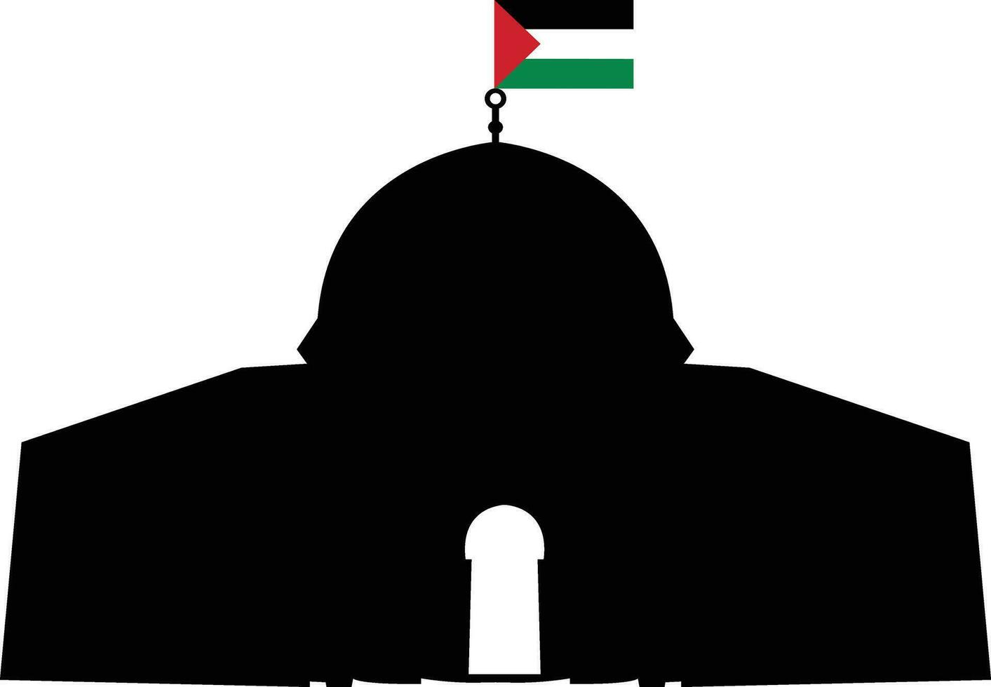 Palestina al aqsa moschea con bandiera, composto nel il città di Gerusalemme o al quds nel Arabo simbolo silhouette design. Masjid al-aqsa per logo, piatto nero icona, saluto carta bandiera vettore. vettore