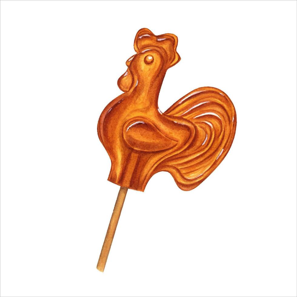 dolce caramello Lecca-lecca galletto su bastone. decorazione elemento. lecca-lecca nel modulo di gallo, galletto, pollo. caramelle, Bon Bons, zucchero caramelle su bastone. acquerello illustrazione vettore