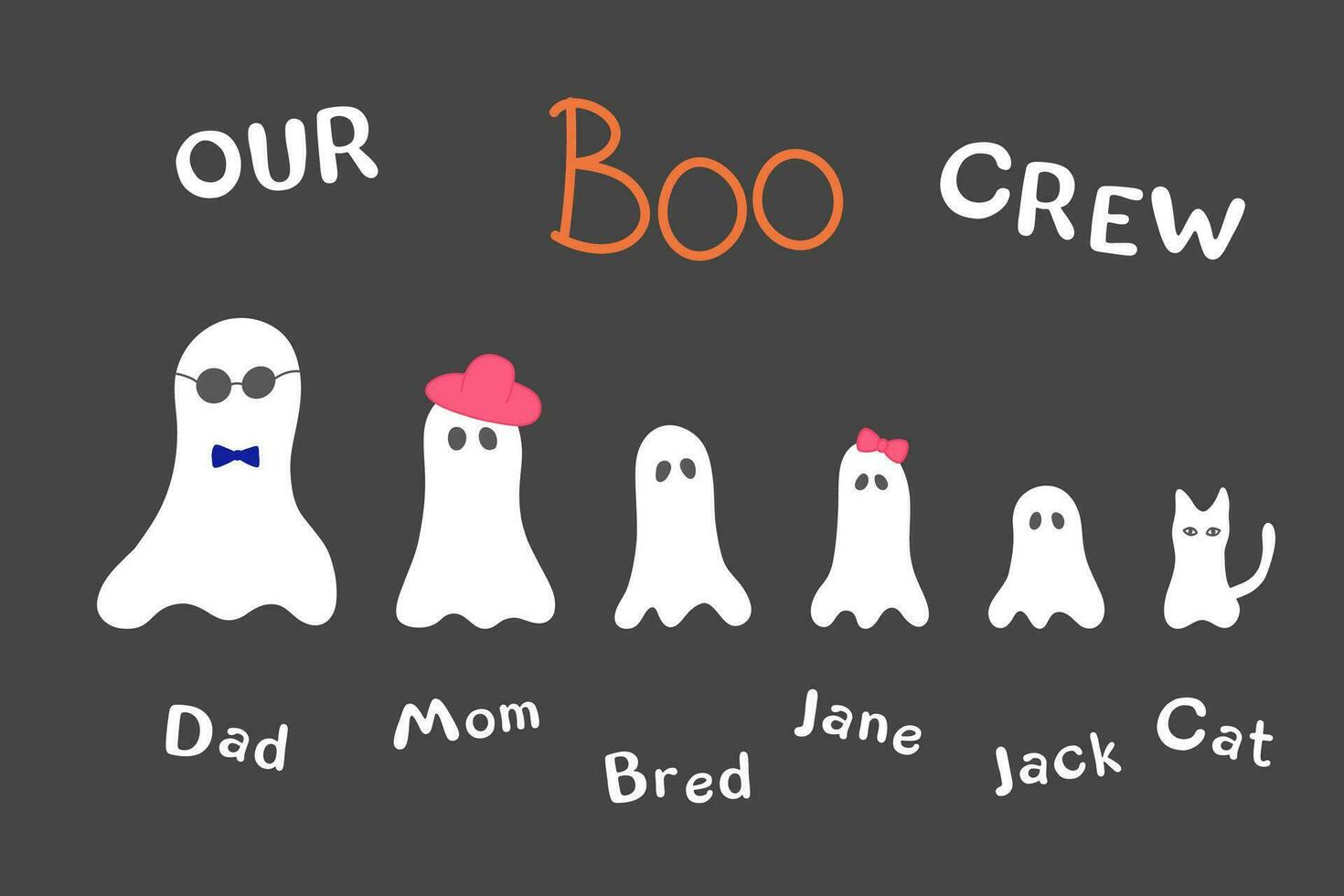 divertente famiglia di fantasmi - fischio equipaggio. cinque fantasmi e un' fantasma gatto su un' grigio sfondo. vettore Halloween illustrazione