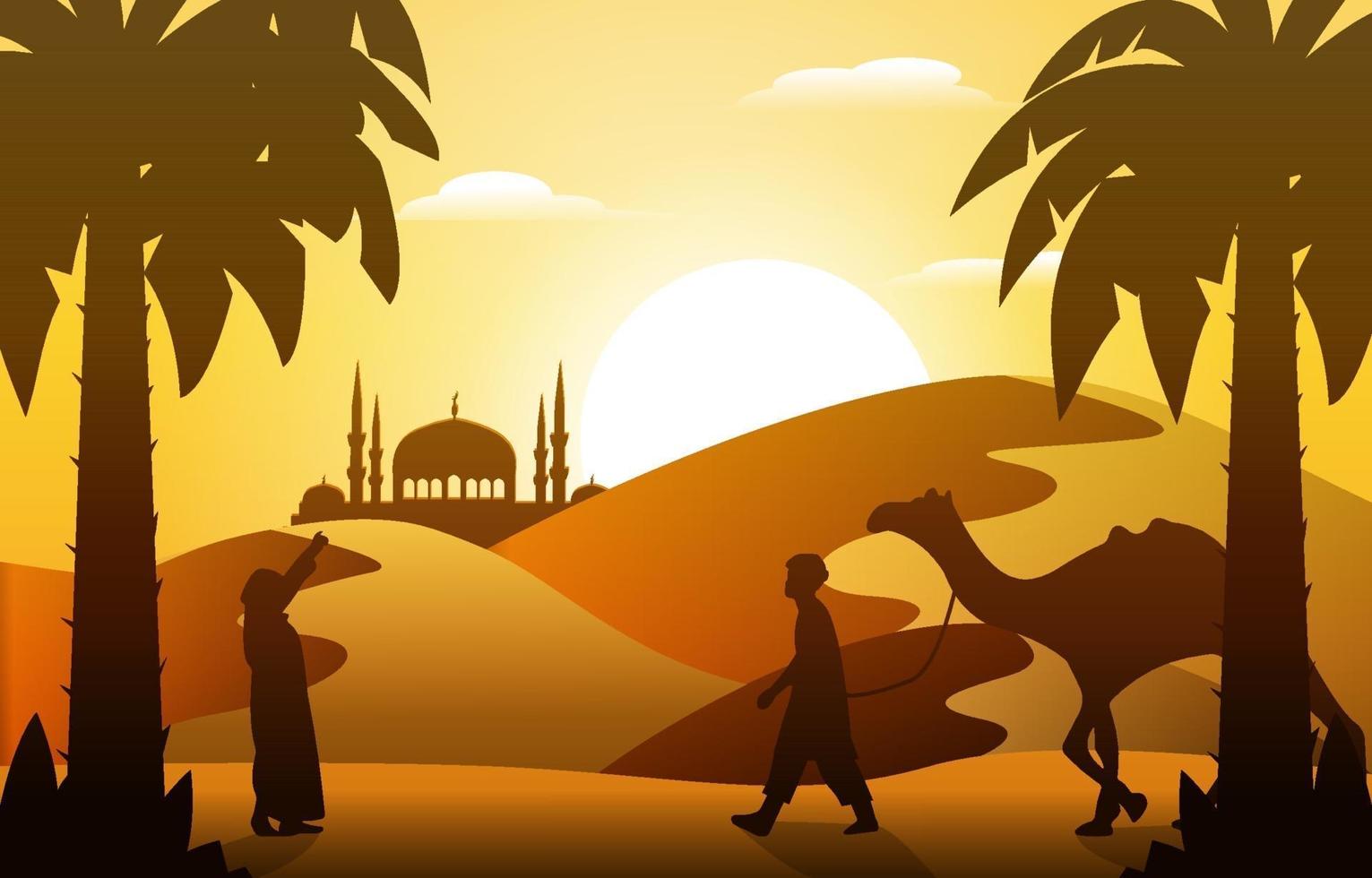 tramonto arabo deserto cammello carovana musulmana cultura islamica illustrazione vettore