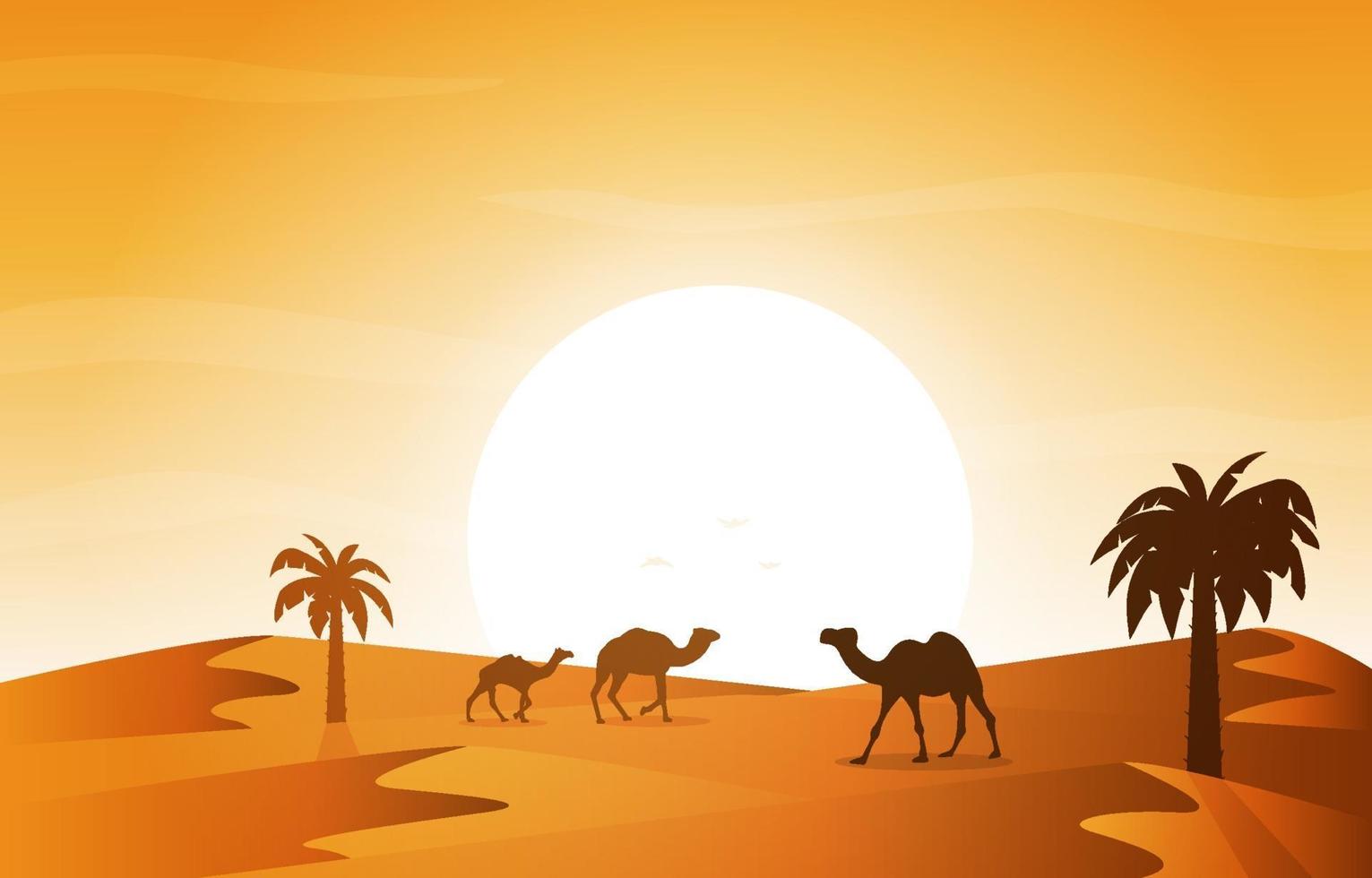 tramonto arabo deserto cammello carovana musulmana cultura islamica illustrazione vettore