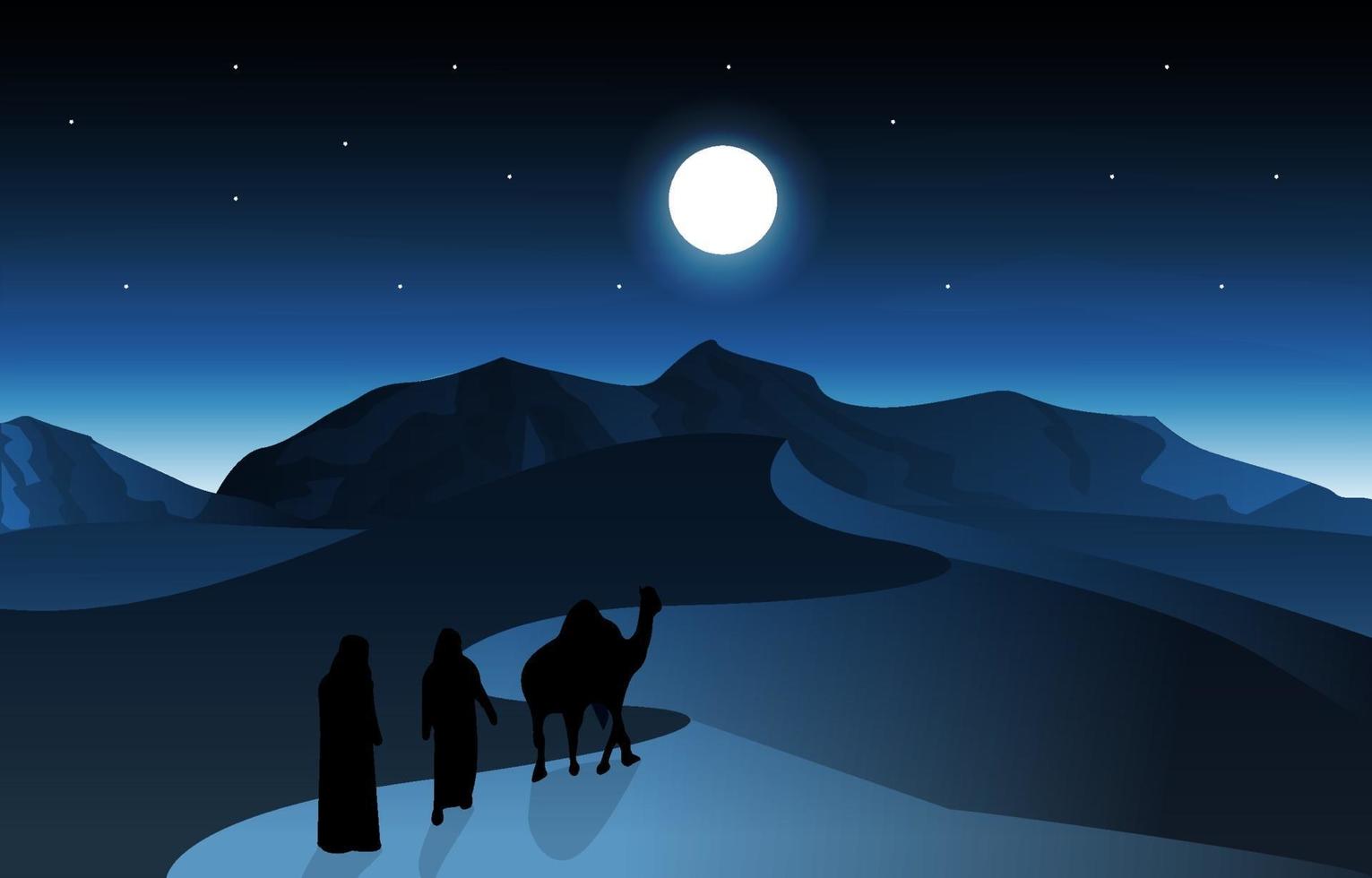 notte arabo deserto cammello carovana musulmana cultura islamica illustrazione vettore