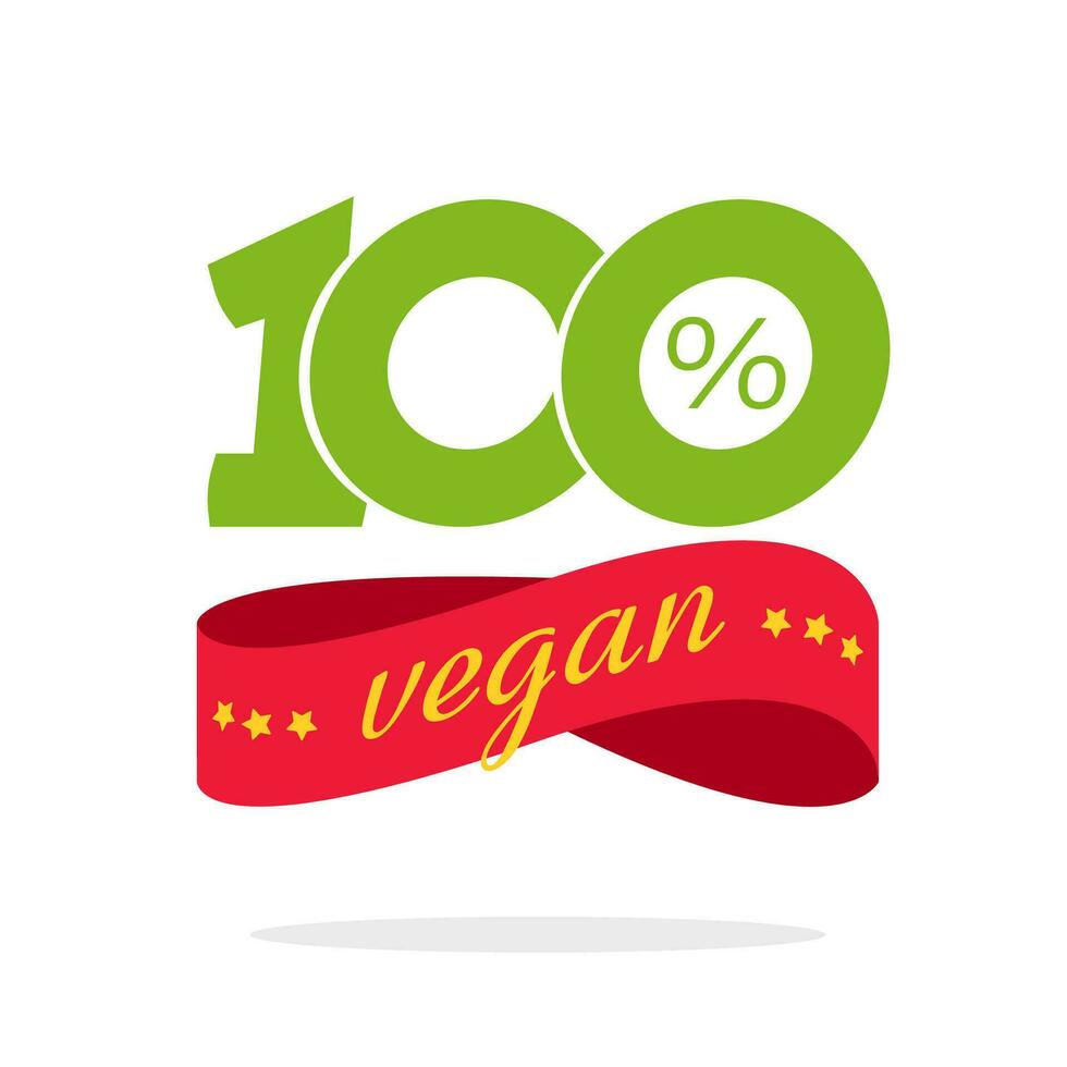 100 per cento vegano cibo etichetta o distintivo vettore icona, 100 percentuale salutare verde simbolo con rosso nastro isolato clipart