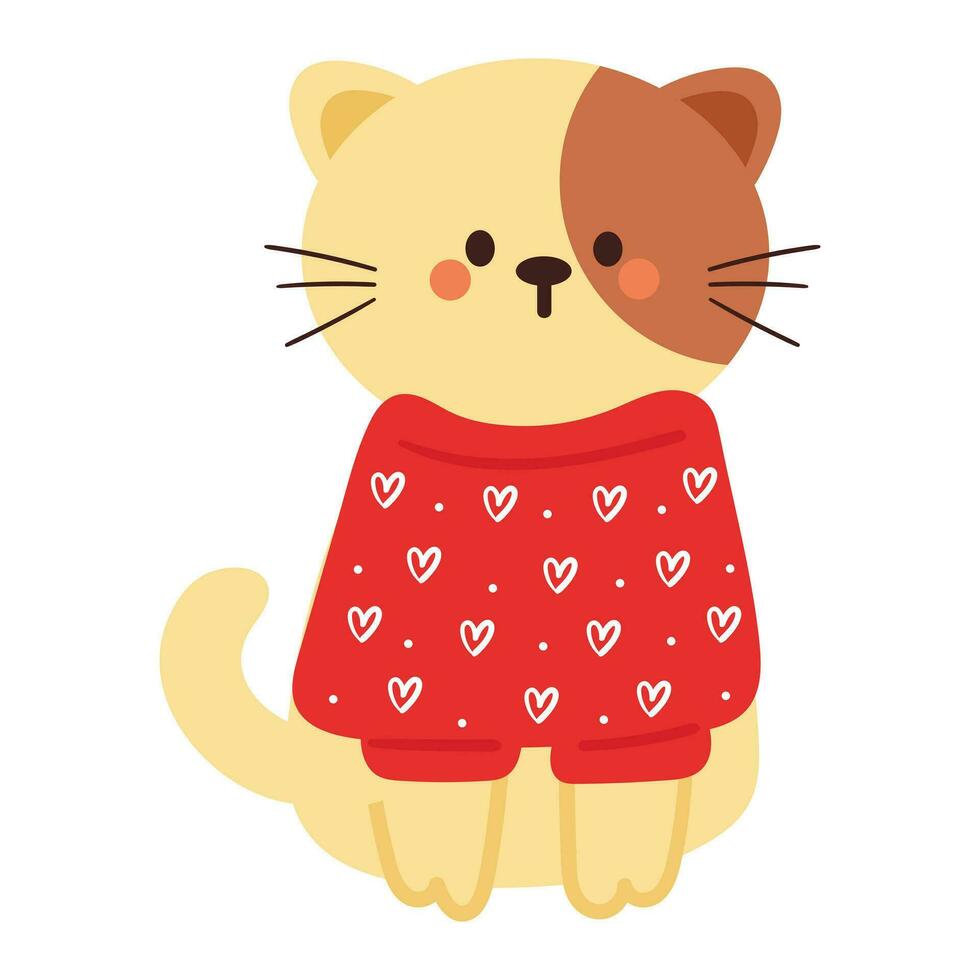 mano disegno cartone animato gatto indossare rosso maglione. carino animale etichetta vettore