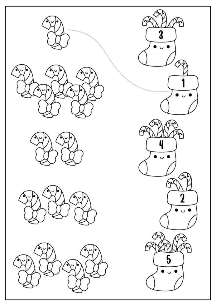 Natale nero e bianca accoppiamento gioco con carino kawaii calza, caramella canne. inverno linea vacanza matematica attività per prescolastico bambini. educativo stampabile nuovo anno conteggio colorazione pagina vettore