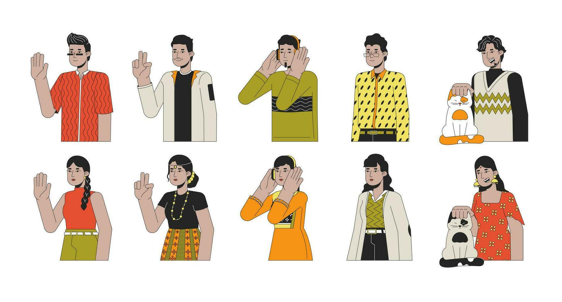 contento indiani Sud asiatici 2d lineare cartone animato personaggi impostare. indù tradizionale isolato linea vettore persone bianca sfondo. Benvenuto, cuffia, gattino accarezzando colore piatto individuare illustrazione fascio