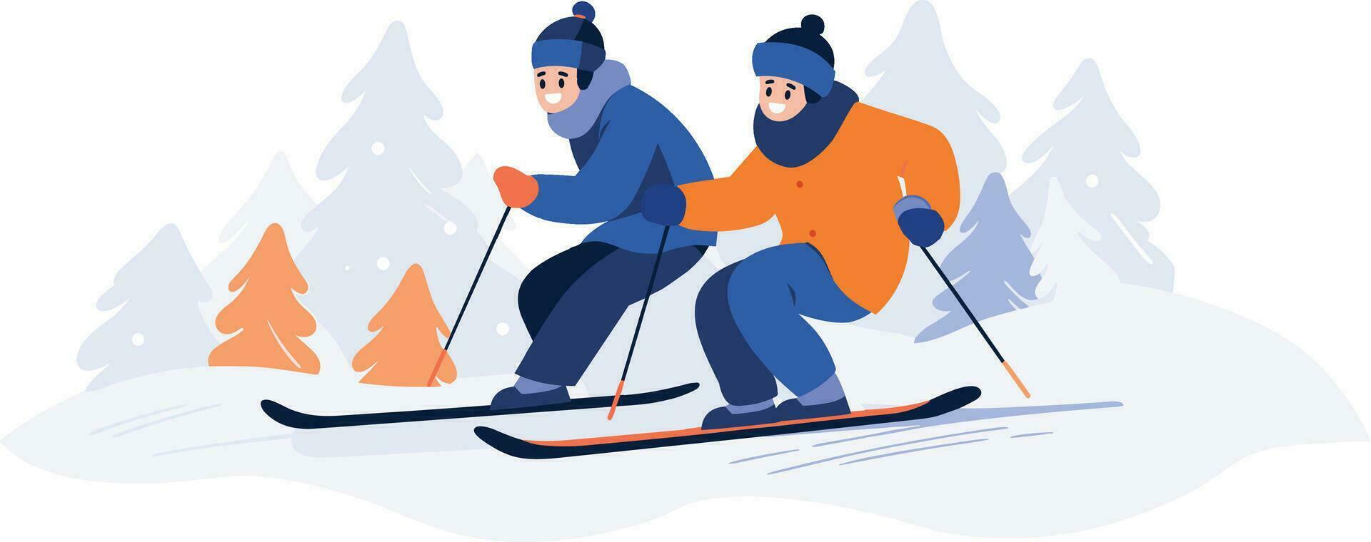 mano disegnato coppia personaggio giocando ghiaccio pattinando nel inverno nel piatto stile vettore