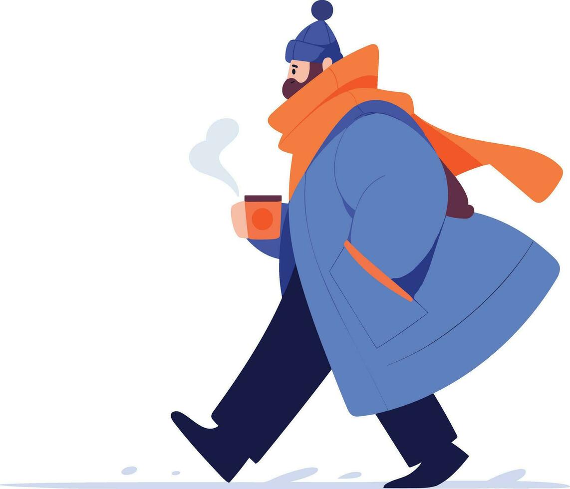 mano disegnato un' uomo indossare inverno capi di abbigliamento passeggiate su un' sentiero pieno con neve nel piatto stile vettore