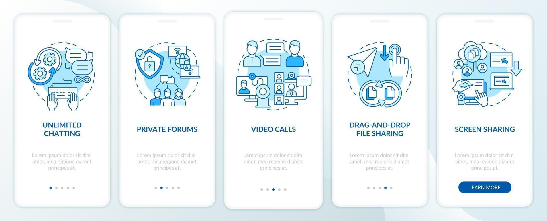 schermata blu della pagina dell'app mobile di onboarding dell'opzione di messaggistica aziendale vettore